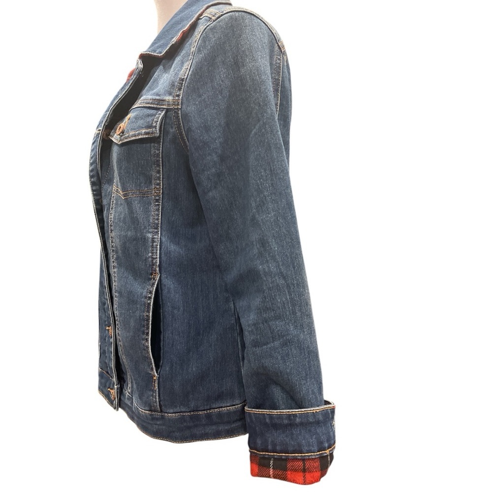 Parasuc​o Denim Trucker Jacket Red Buffalo Plaid Flannel Lined Barn Jacket M